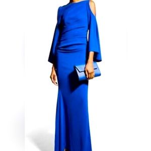 Talbot Runhof Women's Blue Bogdan Cold-Shoulder Draped Gown Dress Size $2475